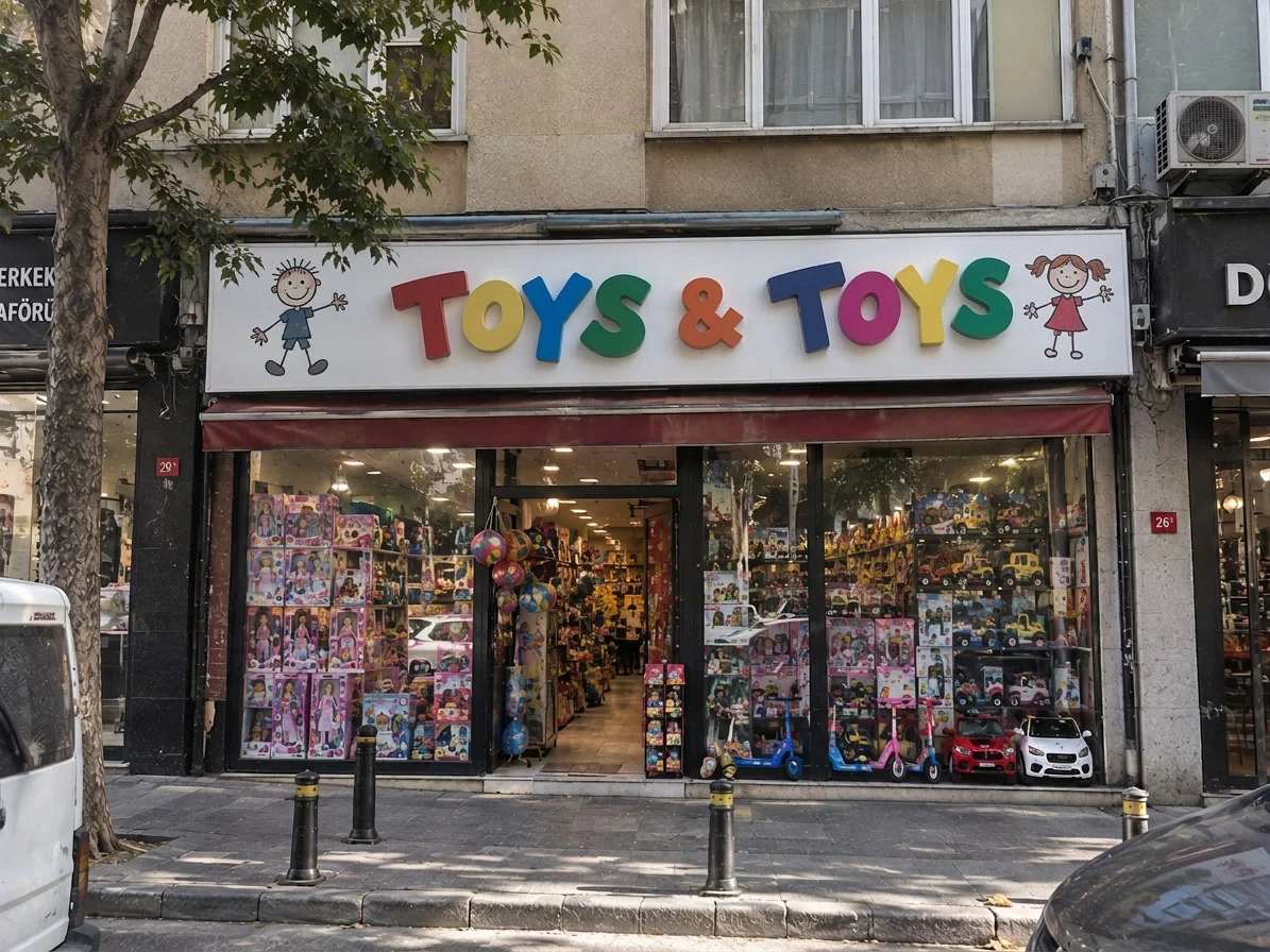 Manisa Toys & Toys oyuncak mağazasında beyaz zemin üzerinde renkli kabartma harf tabela
