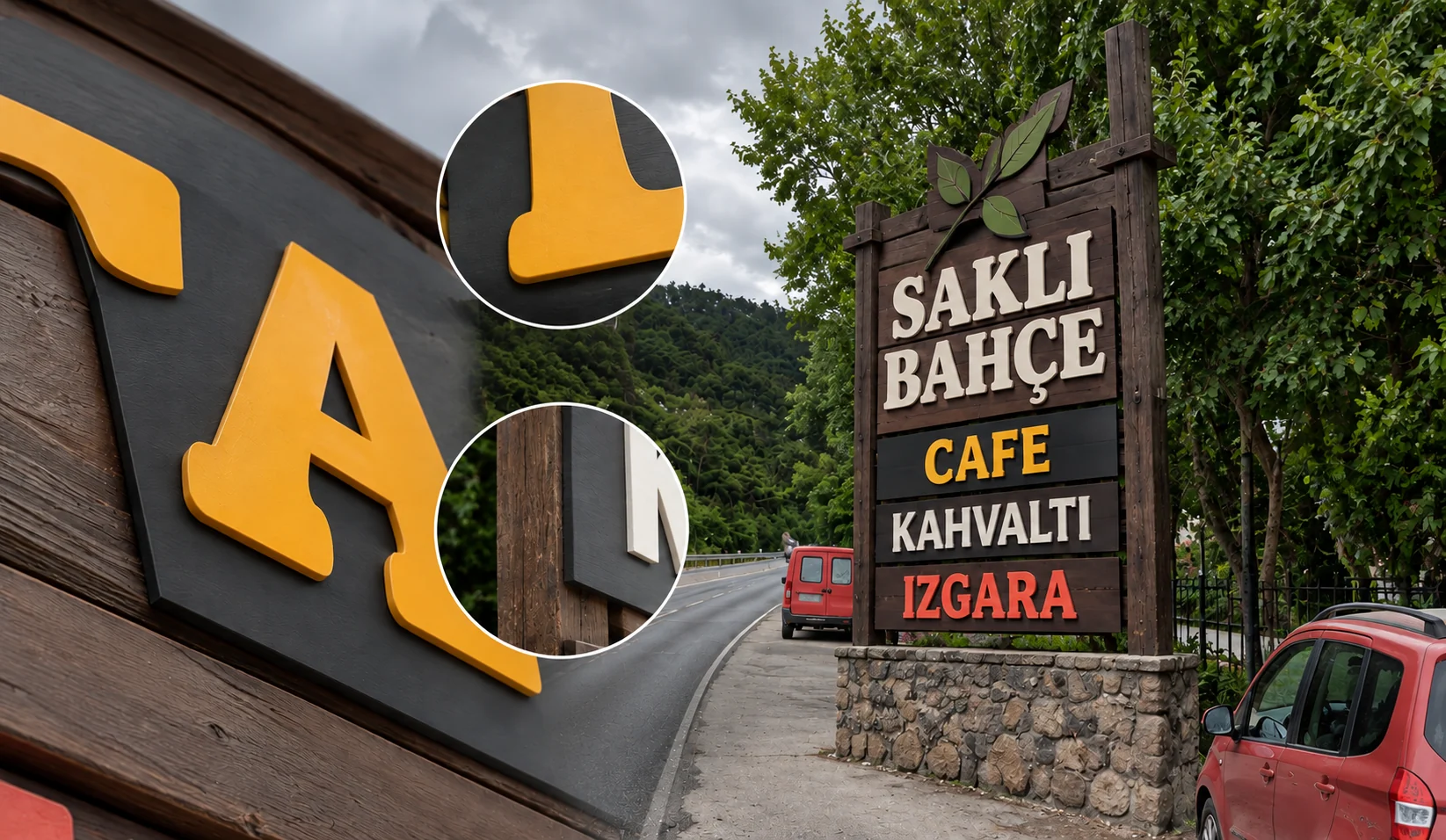 Saklı Bahçe tabelasındaki kabartma harflerin, renklerin ve ahşap görünümlü zeminin yakın plan detayları