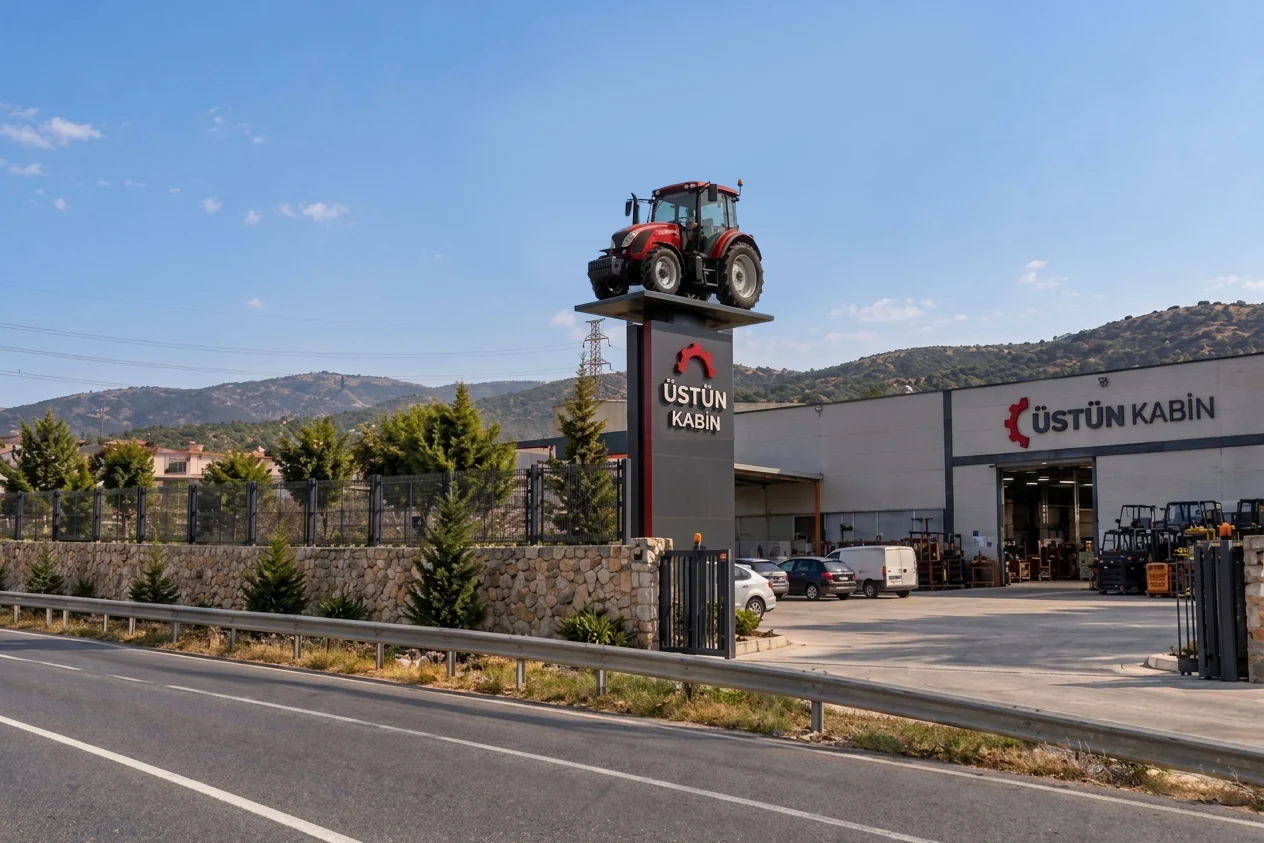 Üstün Kabin fabrika girişinde tamamlanan traktörlü totem ve cephe tabelası