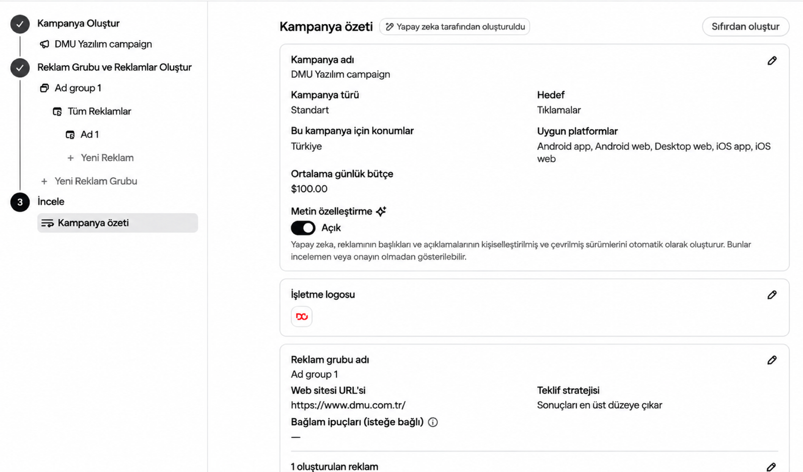 DMU ChatGPT Ads kampanya özeti: tıklama hedefi, Türkiye konumu, günlük bütçe ve metin özelleştirme ayarları