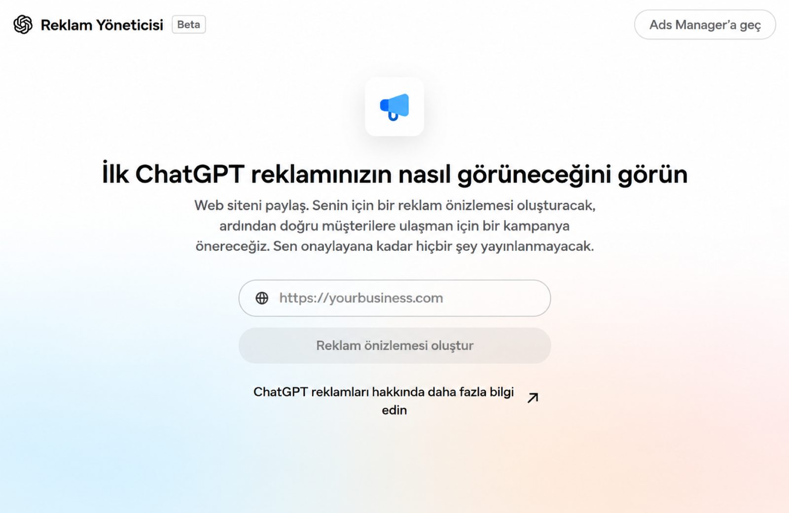 ChatGPT Reklam Yöneticisi: ilk reklamı oluşturmak için web sitesi paylaşma ve reklam önizleme ekranı