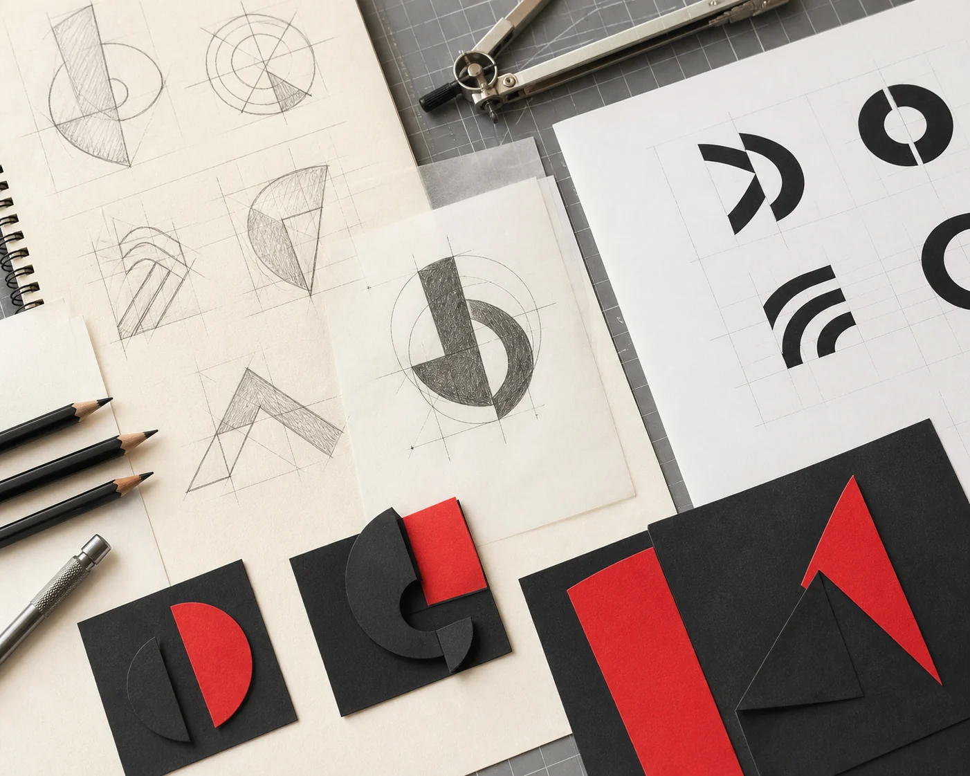 Ein Logo-Designprozess von Skizzen bis zur geometrischen Konstruktion