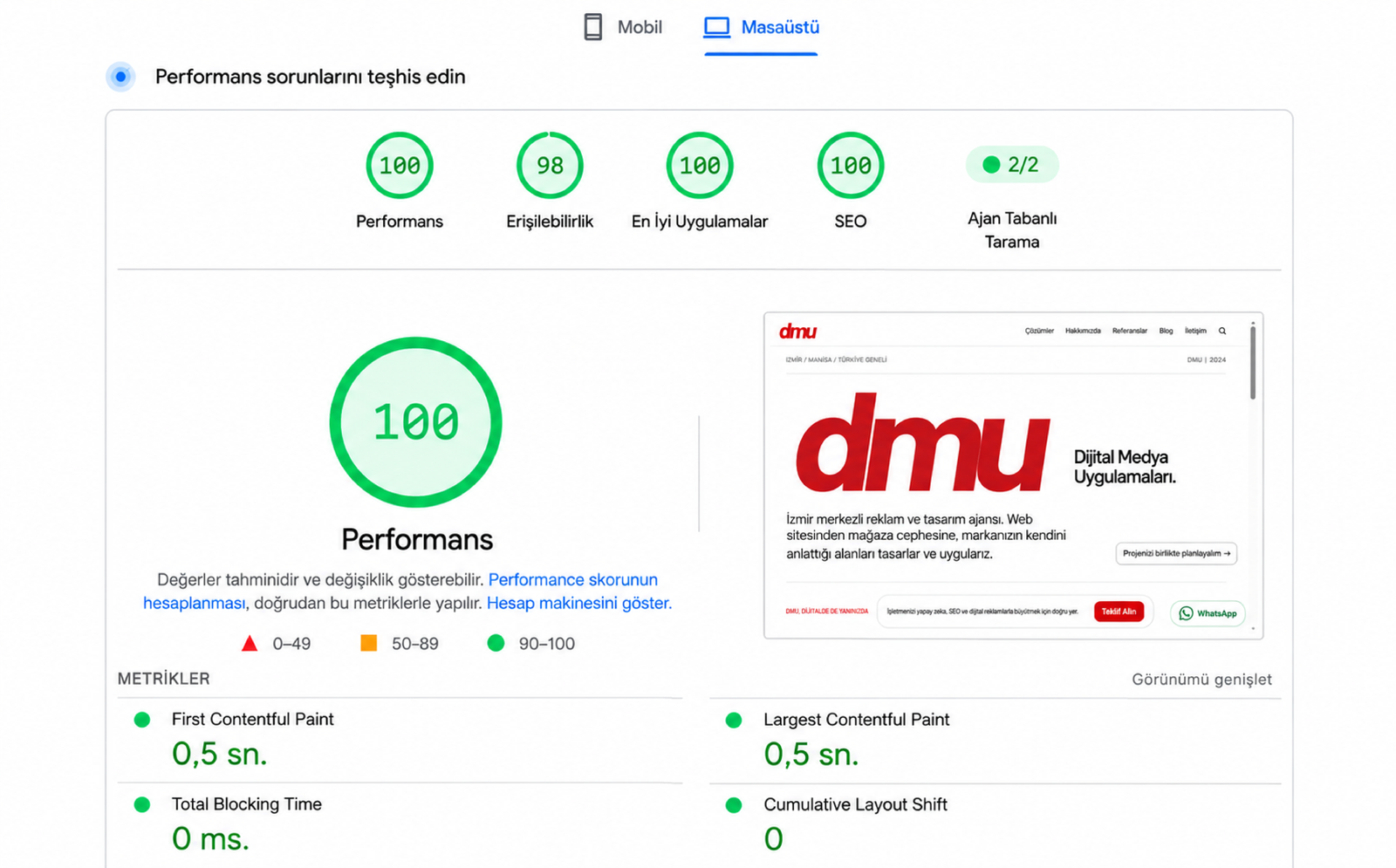 DMU tarafından paylaşılan masaüstü performans 100 rapor ekranı