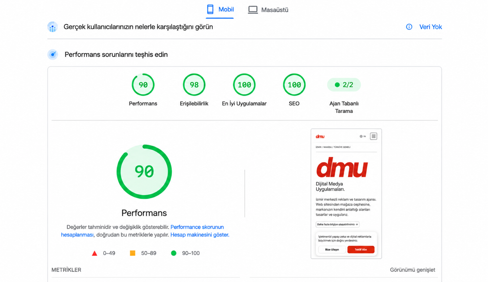 DMU tarafından paylaşılan mobil performans 90 ve gerçek kullanıcı verisi yok rapor ekranı