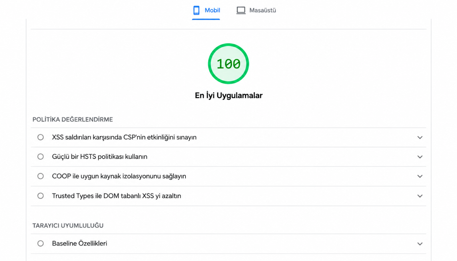 DMU tarafından paylaşılan en iyi uygulamalar 100 ve güvenlik önerileri rapor ekranı